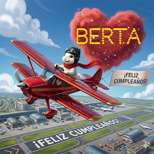 Un conejo piloto en un avión rojo con un cartel de feliz cumpleaños y el nombre Berta en un corazón de nubes