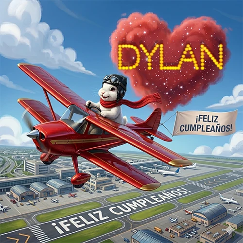 Un conejo piloto en un avión rojo con un cartel de feliz cumpleaños y el nombre Dylan en un corazón de nubes