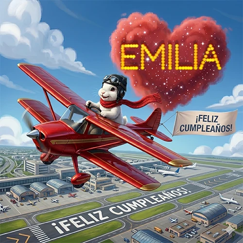 Un conejo piloto en un avión rojo con un cartel de feliz cumpleaños y el nombre Emilia en un corazón de nubes