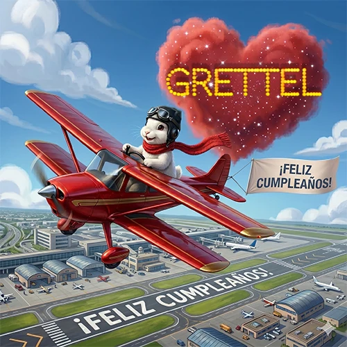 Un conejo piloto en un avión rojo con un cartel de feliz cumpleaños y el nombre Grettel en un corazón de nubes