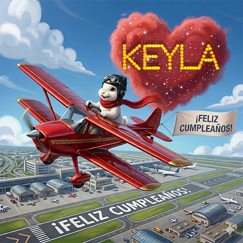 Un conejo piloto en un avión rojo con un cartel de feliz cumpleaños y el nombre Keyla en un corazón de nubes