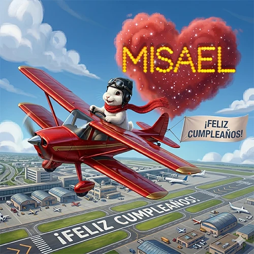 Un conejo piloto en un avión rojo con un cartel de feliz cumpleaños y el nombre Misael en un corazón de nubes