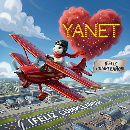 Un conejo piloto en un avión rojo con un cartel de feliz cumpleaños y el nombre Yanet en un corazón de nubes