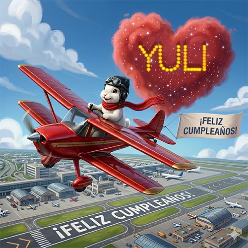 Un conejo piloto en un avión rojo con un cartel de feliz cumpleaños y el nombre Yuli en un corazón de nubes