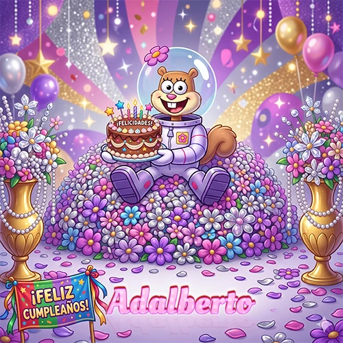 Una ardilla astronauta sentada entre flores con una torta de feliz cumpleaños y el nombre Adalberto