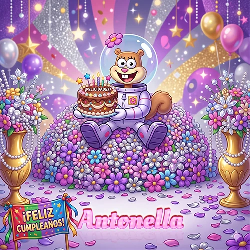 Una ardilla astronauta sentada entre flores con una torta de feliz cumpleaños y el nombre Antonella