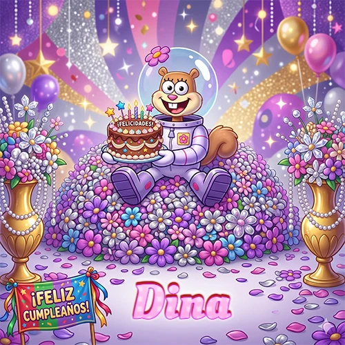 Una ardilla astronauta sentada entre flores con una torta de feliz cumpleaños y el nombre Dina