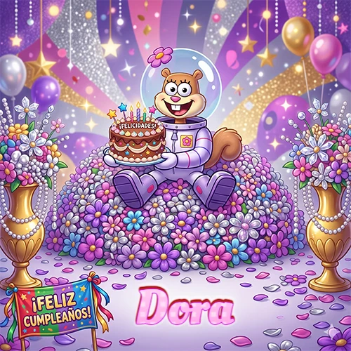 Una ardilla astronauta sentada entre flores con una torta de feliz cumpleaños y el nombre Dora