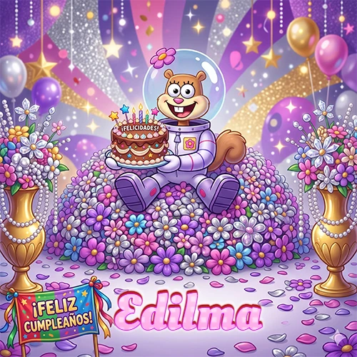 Una ardilla astronauta sentada entre flores con una torta de feliz cumpleaños y el nombre Edilma