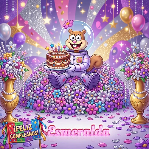 Una ardilla astronauta sentada entre flores con una torta de feliz cumpleaños y el nombre Esmeralda