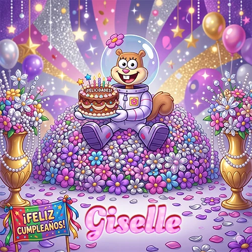 Una ardilla astronauta sentada entre flores con una torta de feliz cumpleaños y el nombre Giselle