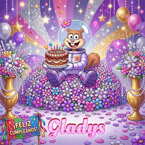 Una ardilla astronauta sentada entre flores con una torta de feliz cumpleaños y el nombre Gladys