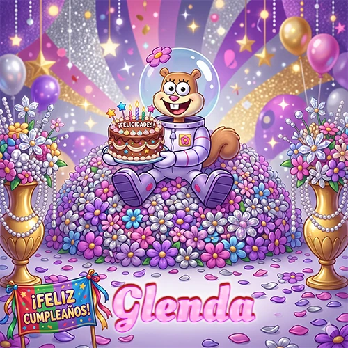 Una ardilla astronauta sentada entre flores con una torta de feliz cumpleaños y el nombre Glenda