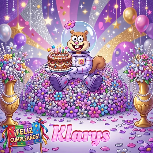 Una ardilla astronauta sentada entre flores con una torta de feliz cumpleaños y el nombre Klarys