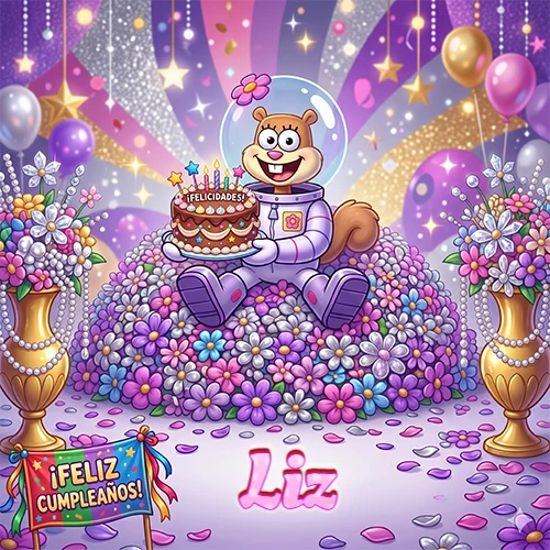 Una ardilla astronauta sentada entre flores con una torta de feliz cumpleaños y el nombre Liz