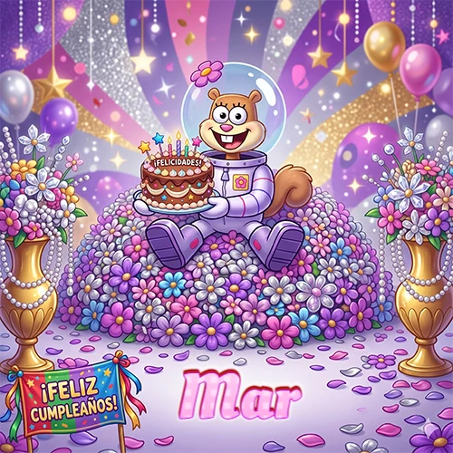 Una ardilla astronauta sentada entre flores con una torta de feliz cumpleaños y el nombre Mar