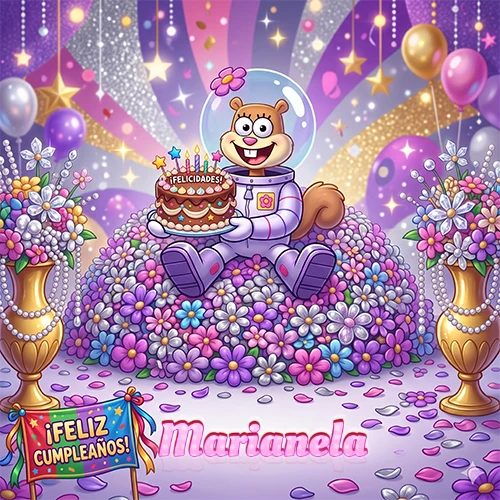 Una ardilla astronauta sentada entre flores con una torta de feliz cumpleaños y el nombre Marianela
