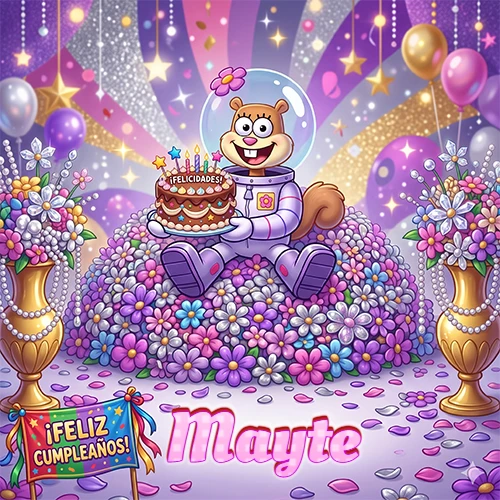 Una ardilla astronauta sentada entre flores con una torta de feliz cumpleaños y el nombre Mayte