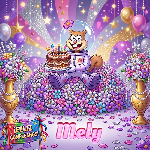 Una ardilla astronauta sentada entre flores con una torta de feliz cumpleaños y el nombre Mely