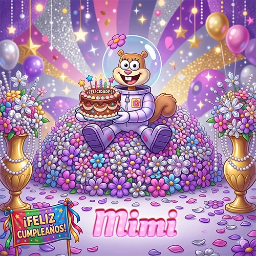 Una ardilla astronauta sentada entre flores con una torta de feliz cumpleaños y el nombre Mimi