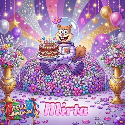 Una ardilla astronauta sentada entre flores con una torta de feliz cumpleaños y el nombre Mirta