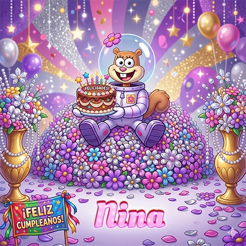 Una ardilla astronauta sentada entre flores con una torta de feliz cumpleaños y el nombre Nina