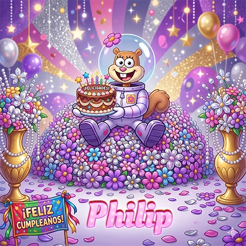 Una ardilla astronauta sentada entre flores con una torta de feliz cumpleaños y el nombre Philip
