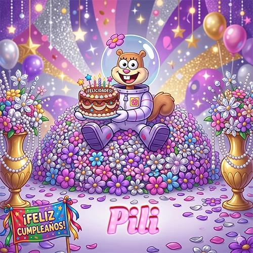 Una ardilla astronauta sentada entre flores con una torta de feliz cumpleaños y el nombre Pili