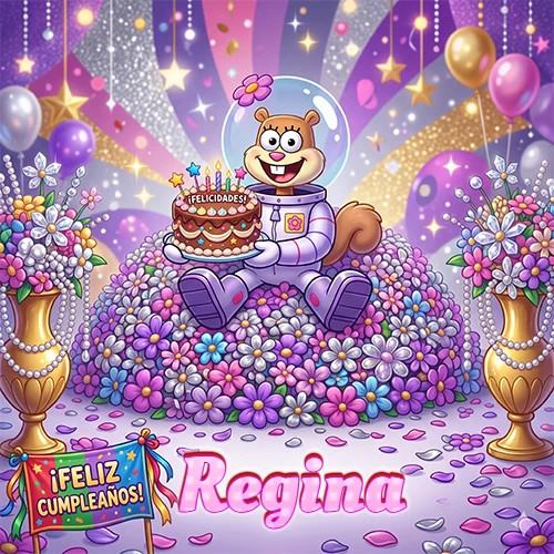 Una ardilla astronauta sentada entre flores con una torta de feliz cumpleaños y el nombre Regina