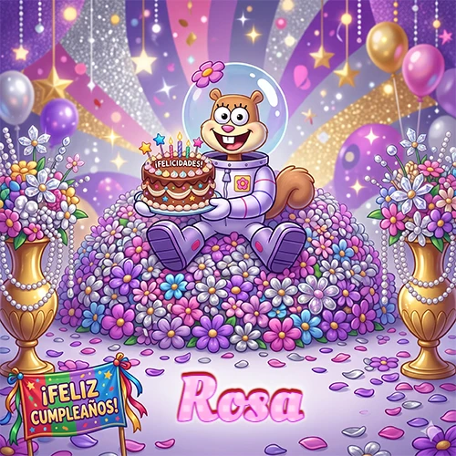 Una ardilla astronauta sentada entre flores con una torta de feliz cumpleaños y el nombre Rosa