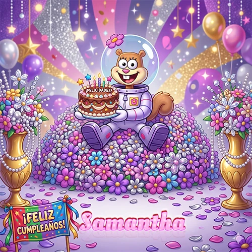 Una ardilla astronauta sentada entre flores con una torta de feliz cumpleaños y el nombre Samantha