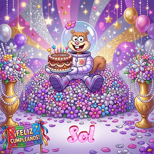 Una ardilla astronauta sentada entre flores con una torta de feliz cumpleaños y el nombre Sol