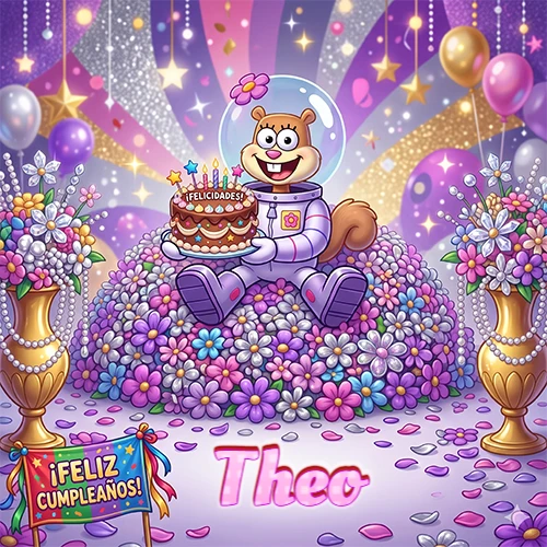 Una ardilla astronauta sentada entre flores con una torta de feliz cumpleaños y el nombre Theo