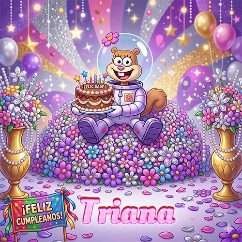 Una ardilla astronauta sentada entre flores con una torta de feliz cumpleaños y el nombre Triana