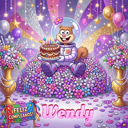 Una ardilla astronauta sentada entre flores con una torta de feliz cumpleaños y el nombre Wendy