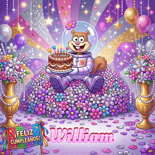 Una ardilla astronauta sentada entre flores con una torta de feliz cumpleaños y el nombre William