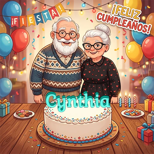 Una pareja de ancianos sonrientes detrás de una mesa con una torta de cumpleaños y el nombre Cynthia