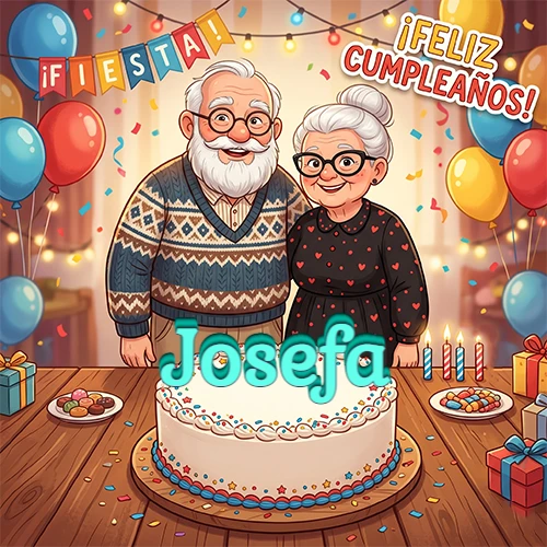 Una pareja de ancianos sonrientes detrás de una mesa con una torta de cumpleaños y el nombre Josefa