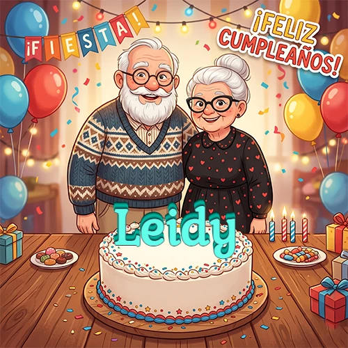 Una pareja de ancianos sonrientes detrás de una mesa con una torta de cumpleaños y el nombre Leidy