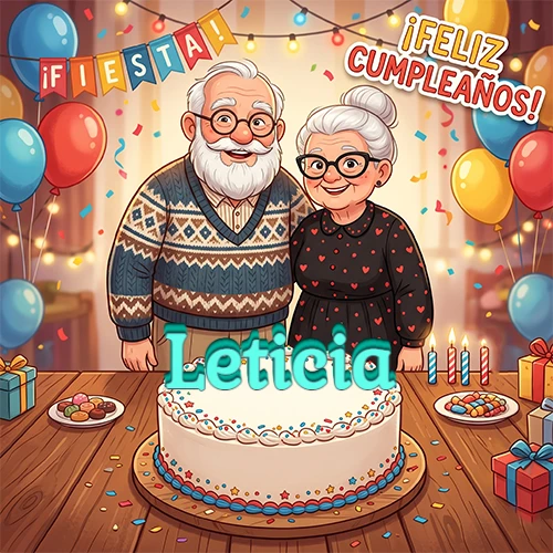 Una pareja de ancianos sonrientes detrás de una mesa con una torta de cumpleaños y el nombre Leticia