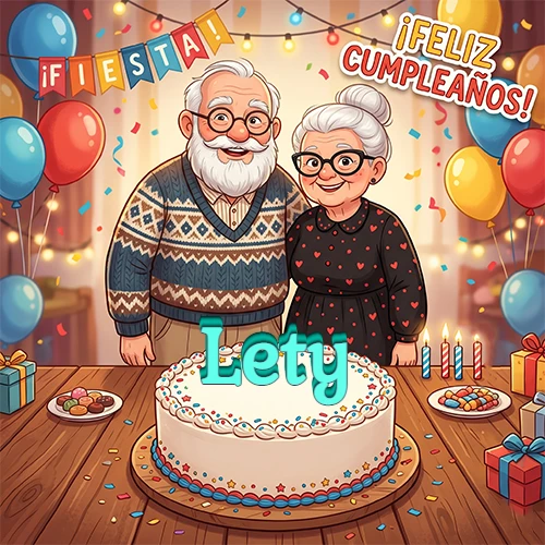 Una pareja de ancianos sonrientes detrás de una mesa con una torta de cumpleaños y el nombre Lety