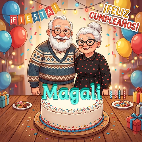 Una pareja de ancianos sonrientes detrás de una mesa con una torta de cumpleaños y el nombre Magali