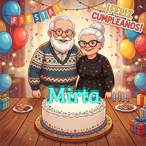 Una pareja de ancianos sonrientes detrás de una mesa con una torta de cumpleaños y el nombre Mirta