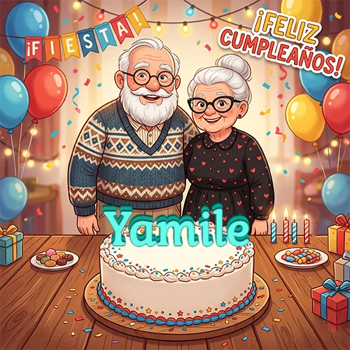 Una pareja de ancianos sonrientes detrás de una mesa con una torta de cumpleaños y el nombre Yamile
