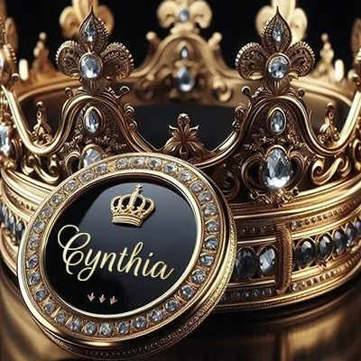 Diseño de lujo para perfil de Cynthia - corona dorada con diamantes y medalla negra con nombre