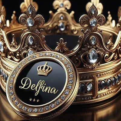 Diseño de lujo para perfil de Delfina - corona dorada con diamantes y medalla negra con nombre