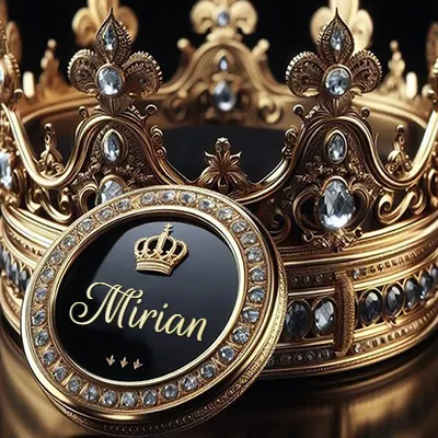 Diseño de lujo para perfil de Mirian - corona dorada con diamantes y medalla negra con nombre