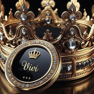 Medalla circular lujosa engastada con diamantes, con un pequeño logo de corona en el centro, junto a una gran corona real dorada con detalles precisos y ornamentos clásicos sobre fondo negro misterioso. El nombre Vivi está escrito en cursiva elegante dentro de la medalla circular bajo la pequeña corona.
