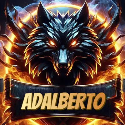 Diseño agresivo y poderoso de cabeza de lobo con ojos brillantes y halo de fuego, nombre incluido. - Adalberto Diseño agresivo y poderoso de cabeza de lobo con ojos brillantes y halo de fuego, nombre incluido. - Adalberto