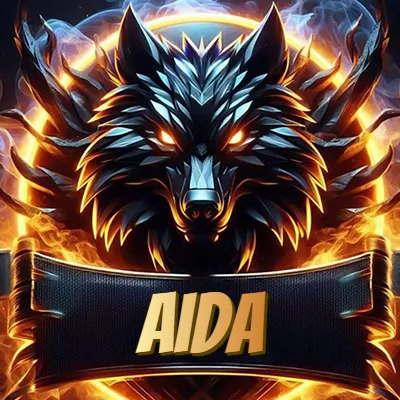 Diseño agresivo y poderoso de cabeza de lobo con ojos brillantes y halo de fuego, nombre incluido. - Aida